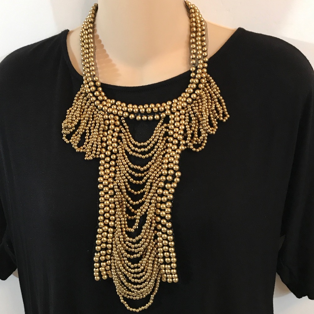 Gold & black statement necklace with beads & lace